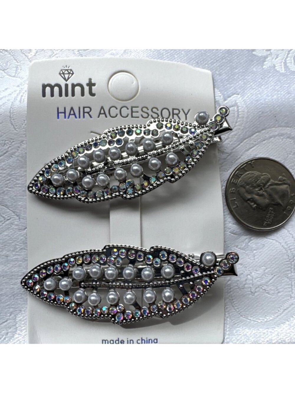 Silver Pearl Hair Clips Clamp Metal Alligator Claw Bling Crystal Rhinestone 2.5"